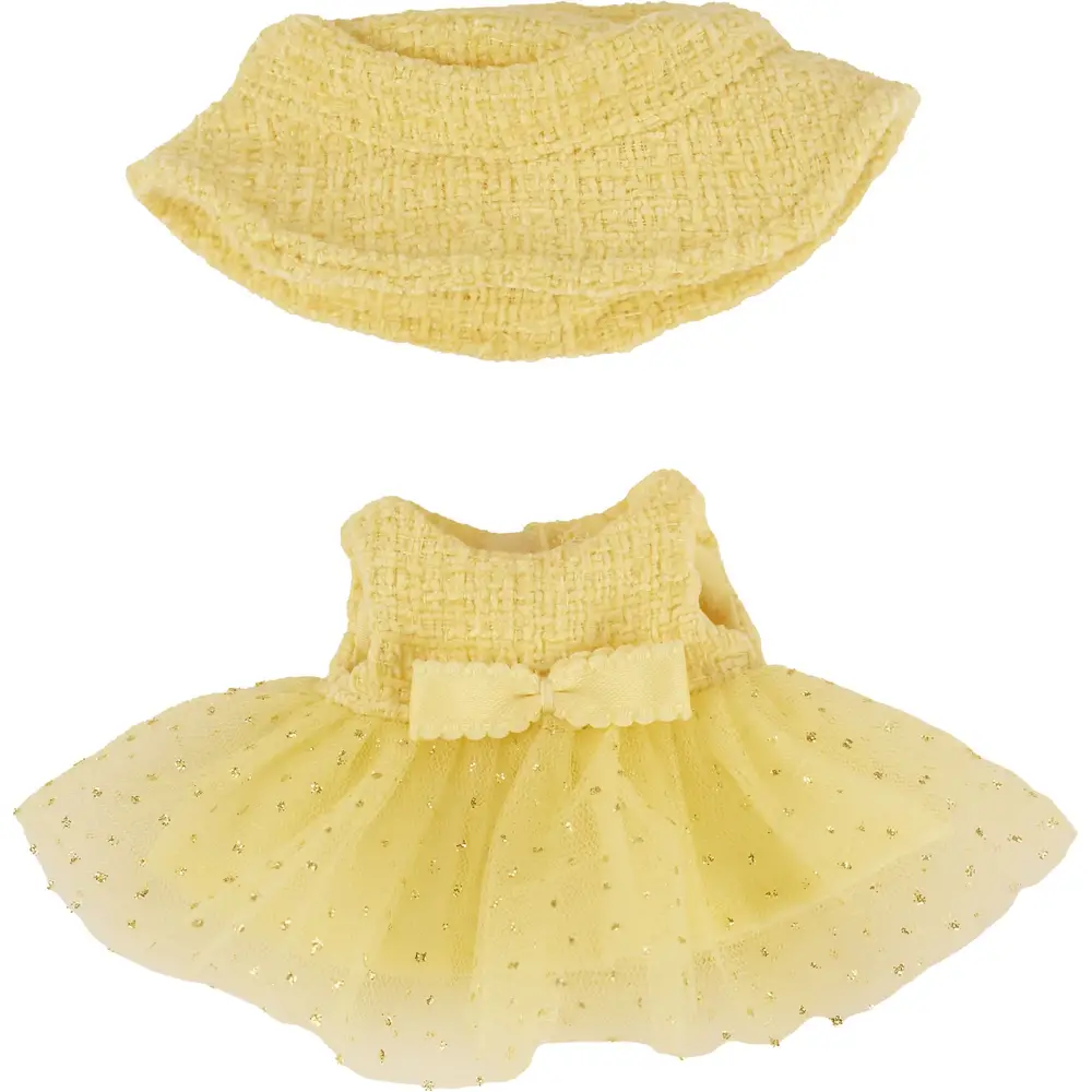 Heless monster poppenoutfit Bouclé jurk met vissershoed geel kawaii 15 cm