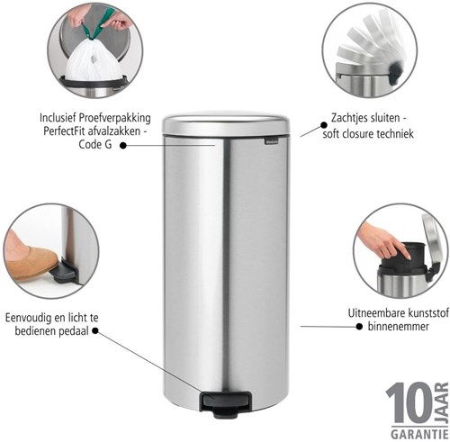 Brabantia pedaalemmer afvalbak 30L mat staal keuken prullenbak-2