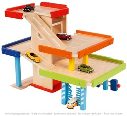 Goki houten parkeergarage speelgoed met lift en wasstraat