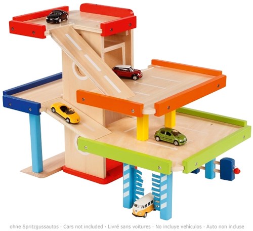 Goki houten parkeergarage speelgoed met lift en wasstraat