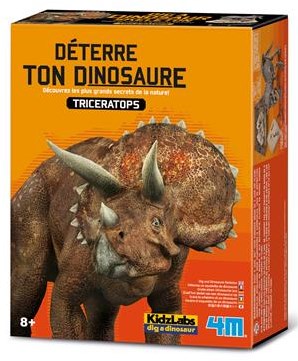 4M KidzLabs : GRAVE-YOU-DINOSAURUS-OP (Triceratops) / F R A N S T A L I G E PACKAGE, kit de construction de squelette dans un bloc de plâtre, boîte 17x22x6cm, 7+-3