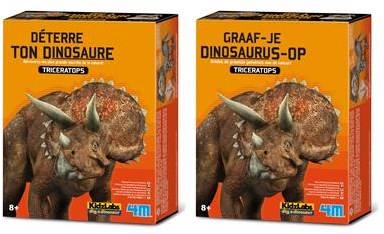 4M KidzLabs : GRAVE-YOU-DINOSAURUS-OP (Triceratops) / F R A N S T A L I G E PACKAGE, kit de construction de squelette dans un bloc de plâtre, boîte 17x22x6cm, 7+