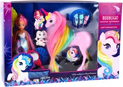 Moonlight poppenset speelgoed met eenhoorn en accessoires - kleurrijk haar