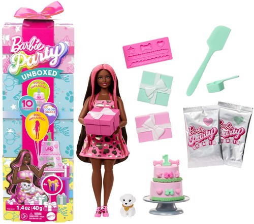 Mattel poupée Barbie Party Unboxed anniversaire animal avec mèches roses