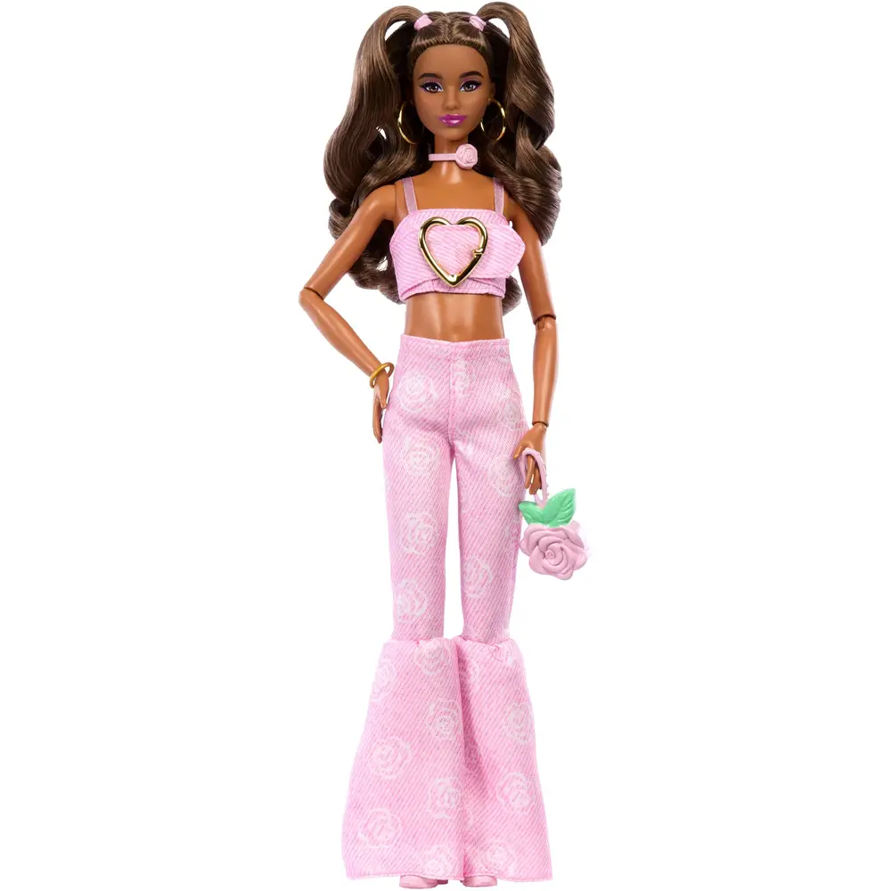 Barbie modepop - Deluxe Stijl roze denim jurk met sterrenprint en accessoires