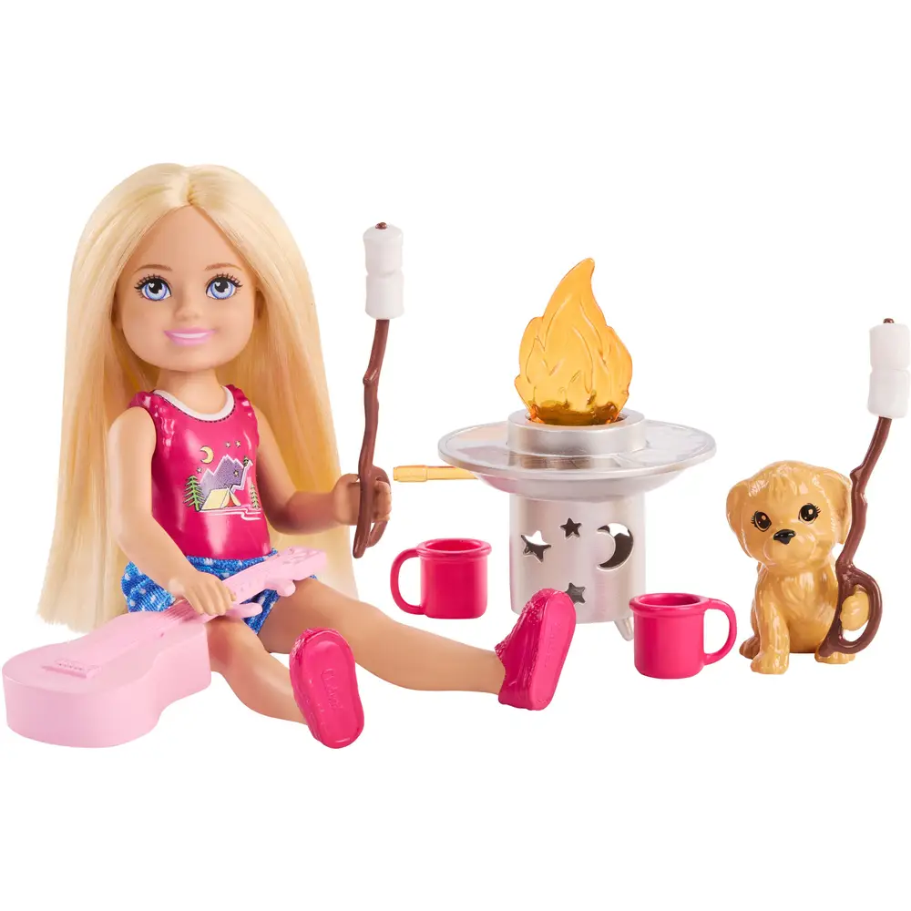 Barbie pop Chelsea Outdoor Avontuur met hond en camping accessoires