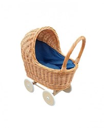 Hollie rieten poppenwagen met kap - houten wandelwagen jeansblauw