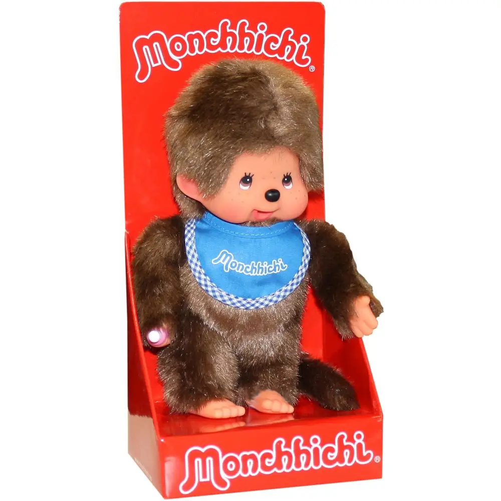Monchhichi pluche pop jongen - blauw slabbetje - 20 cm - klassiek speelgoed