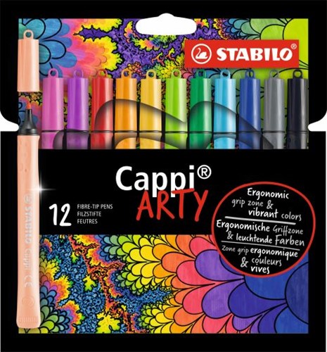 STABILO Cappi - stylo feutre - ne perdez plus jamais votre capuchon grâce à l'anneau de capuchon - étui ARTY de 12 couleurs