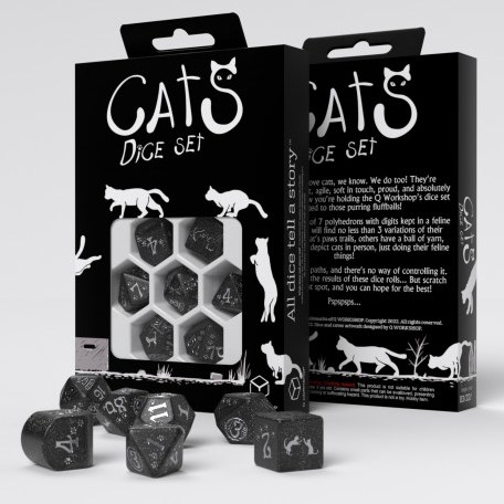 Q-Workshop dobbelstenen katten set - Waffle zwart zilver 7 stuks
