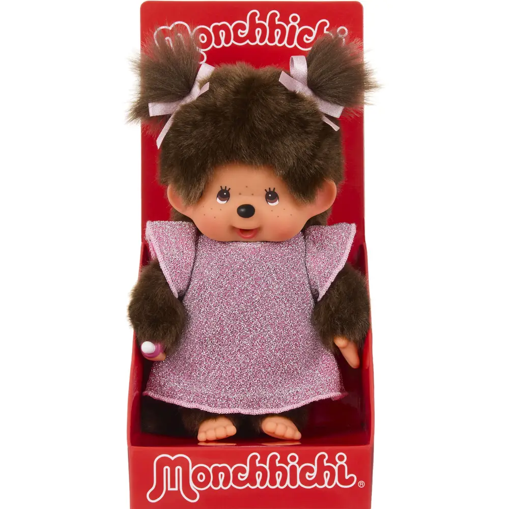 Monchhichi pop meisje roze glitterjurk 20 cm knuffel speelgoed