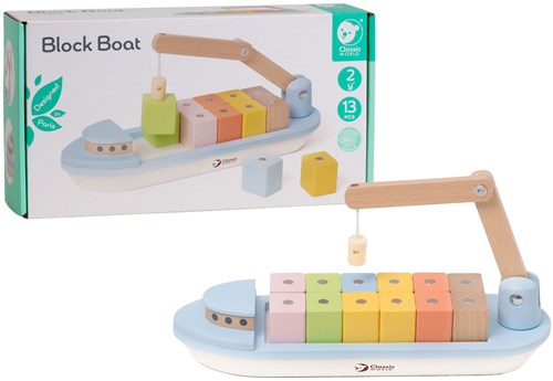 Classic World bateau en bois à blocs avec grue - jouet magnétique 13 pièces-3
