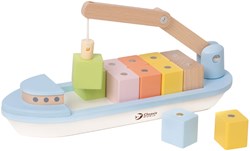 Classic World houten blokkenboot met kraan - magnetisch speelgoed 13-delig