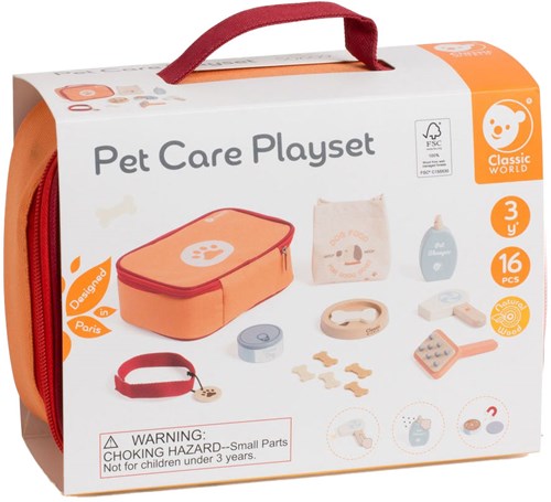 Classic World houten dieren verzorgen speelset - rollenspel speelgoed tas 16dlg