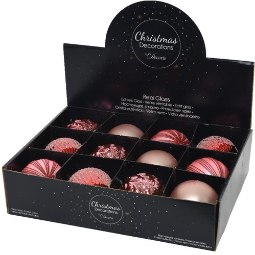 Decoris kerstballen glas roze luxe set 12 stuks kerstversiering