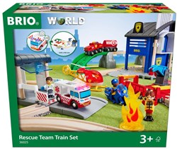 Brio Rescue Team treinset - houten treinbaan - reddingsvoertuigen