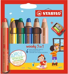 Stabilo Woody 3 in 1 kleurpotloden etui met 6 kleuren - multitalent