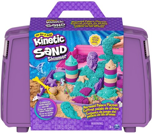 Spin Master Kinetic Sand - Shimmer, Opvouwbare Meermin Zandbak-Speelset Met 907 gram Glinsterend Speelzand In 3 Kleuren, 6 Mallen En 1 Schep