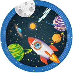 Globos assiettes en papier thème espace FSC fusée 8 pièces fête enfant