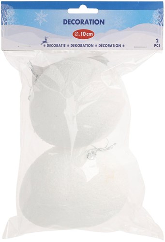 Decoratie sneeuwballen kerstversiering 10cm met ophanglint 2 stuks