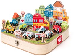 Woody valise en bois avec blocs et train - coffret de jeu 55 pièces