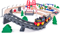 Woody train en bois 80 pièces avec locomotive à piles et pont suspendu jouet
