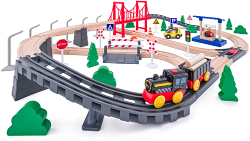 Woody train en bois 80 pièces avec locomotive à piles et pont suspendu jouet