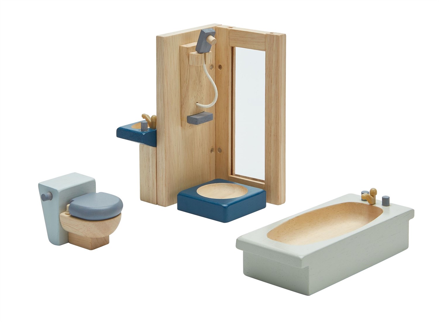 opschorten Trein Gelukkig Plan Toys houten meubelset badkamer