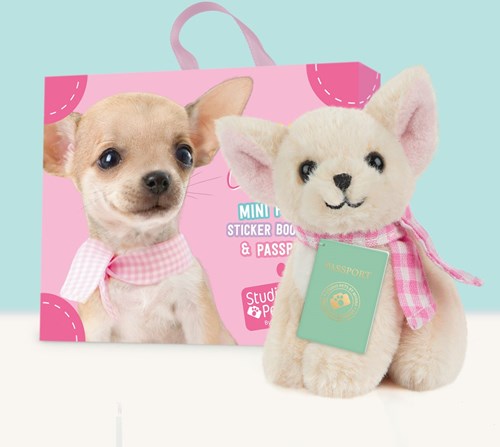 Studio Pets knuffelhond Chihuahua Pinkie met koffer en stickers-3