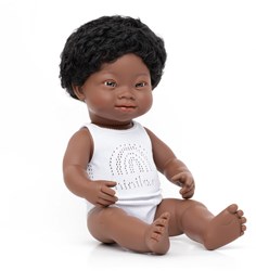 Miniland Babypop Jongen Donkerbruin Down Syndroom Vanillegeur - 38 cm