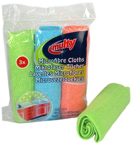 Multy microvezeldoekjes schoonmaak 3 stuks rood groen blauw 35x35cm