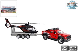 Die Cast terreinwagen speelgoedauto met helikopter en trailer 35cm rood