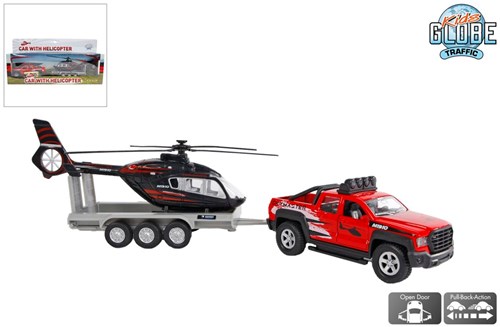 Die Cast terreinwagen speelgoedauto met helikopter en trailer 35cm rood