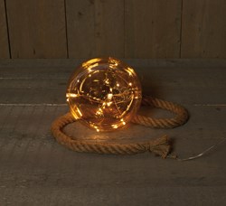 Verlichte kerstbal glas goud 18cm LED warm wit decoratie 1m touw