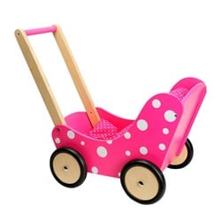 Poppenwagen houten wandelwagen roze met witte stippen Simply for Kids