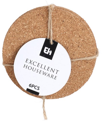 Excellent Houseware onderzetters kurk rond set van 6 stuks bruin