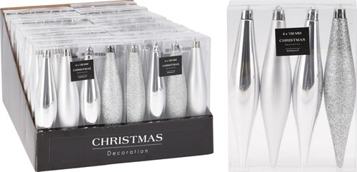 Boule de Noël incassable cône 15cm 4 pièces argent décoration