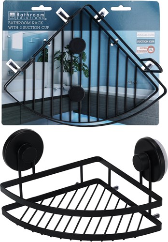 Badkamer doucherek organiser zwart metaal zuignappen 20x20x12,5 cm