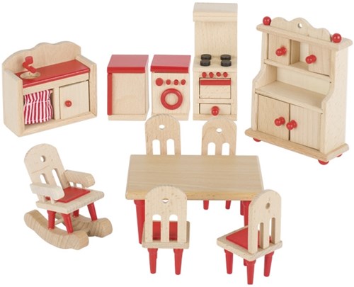 Goki cuisine maison de poupée ensemble meubles bois complet rouge-2