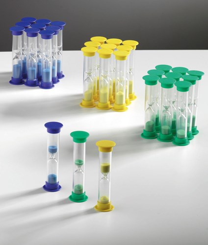 TickiT zandloper speelgoed - Mini Sand Timer 5 minuten blauw set van 3-3