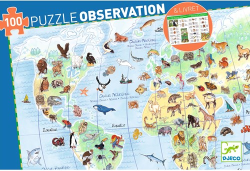 Djeco PUZZLES - PUZZLES OBSERVATION Animaux du monde 100pcs  +livret - FSC MIX