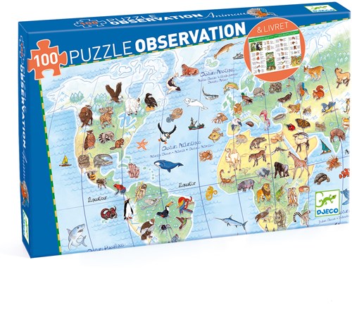 Djeco PUZZLES - PUZZLES OBSERVATION Animaux du monde 100pcs  +livret - FSC MIX