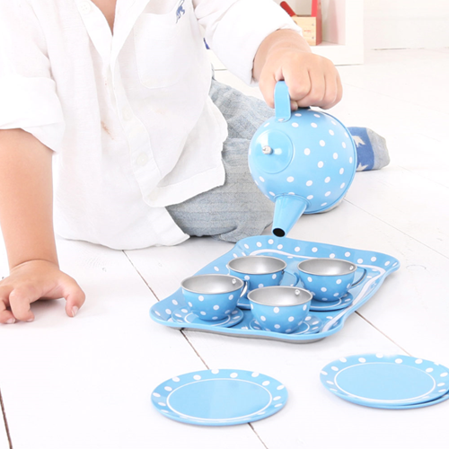 Service à thé Bigjigs en porcelaine à pois bleus-2