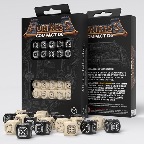 Q-Workshop dobbelstenen set Fortress Compact D6 zwart beige 20 stuks