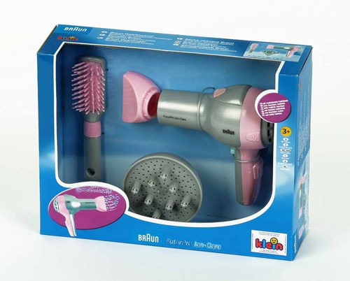 Klein Braun speelgoed föhn met borstel en diffuser - roze grijs