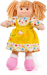 BigJigs knuffelpop Daisy - zachte pop met gele jurk - 28 cm