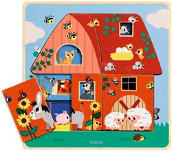 Djeco puzzle en bois puzzle à étages Chez Moo FSC jouet animaux