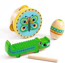 Djeco set d'instruments de musique - tambourin, maracas, guiro bois FSC
