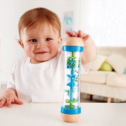 Hape regenmaker met kralen - blauw sensorisch muziekspeelgoed