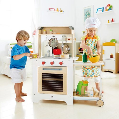 Hape houten kinderkeuken Cook n Serve speelkeuken met toonbank